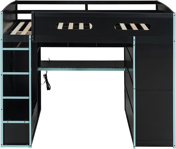 GOWE Full Size Wood Loft Bed with Desk,Wardrobe,Ample Storage Space,and RGB Light, Cloud Blue(Old SKU:LT000261AAC)