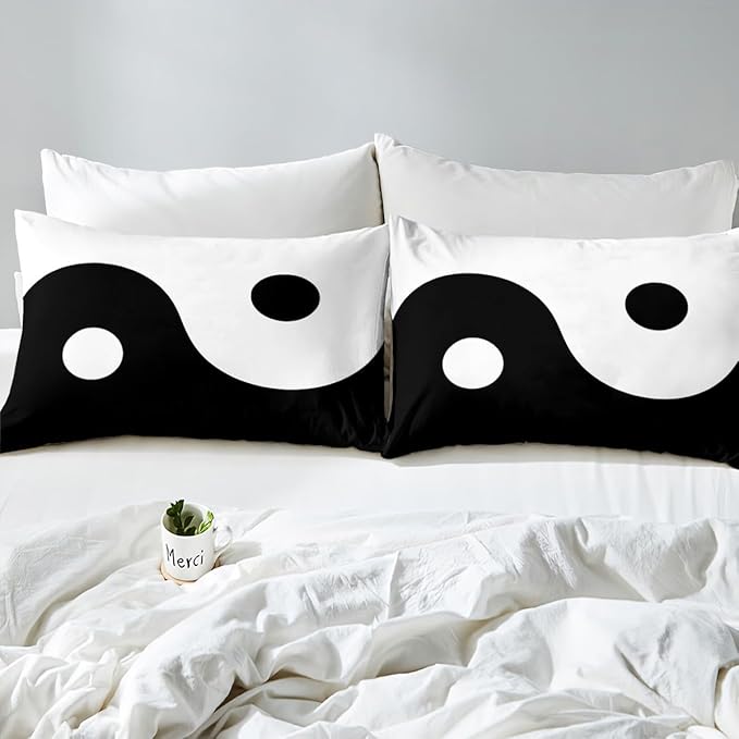 Manfei Black and White Kids Sheet Set Queen Size, Tai Chi Gossip Bed Sheet Set 4pcs (Fitted Sheet, Flat Sheet, 2 Pillowcases), Yin Yang Gossip Bedding Set for Boys Teens Adults Bedroom Decor