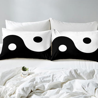 Manfei Black and White Kids Sheet Set Queen Size, Tai Chi Gossip Bed Sheet Set 4pcs (Fitted Sheet, Flat Sheet, 2 Pillowcases), Yin Yang Gossip Bedding Set for Boys Teens Adults Bedroom Decor