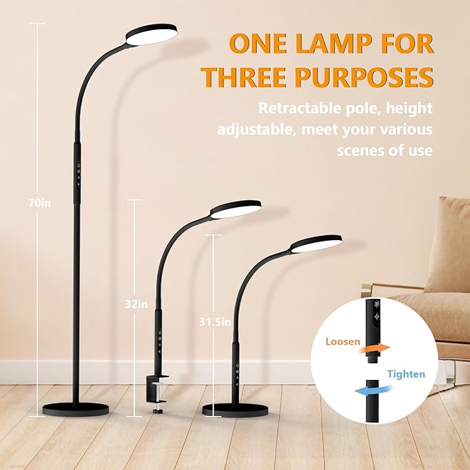 Daylight Floor & Desk Lamp – 11,000 Lux UV-Free Full Spectrum Light, 5 Color Temperatures & 10 Brightness Levels, 360° Gooseneck Lamp for Home Office, Bedroom & Reading (Black)