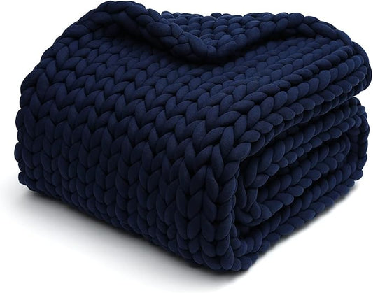 YnM Weighted Blanket, Handmade Chunky Knitted Design, Soft and Cozy, Temperature Regulating and Breathable, Machine Washable Throw for Sleep or Home Decor (Prussian Blue, 60x80 Inch, 20lbs)