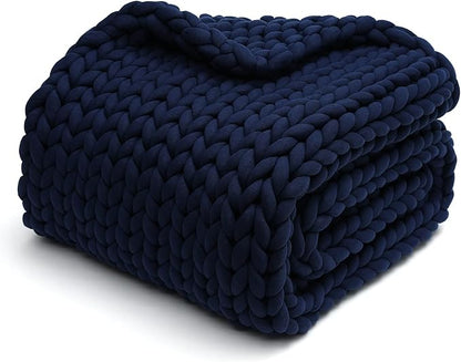 YnM Weighted Blanket, Handmade Chunky Knitted Design, Soft and Cozy, Temperature Regulating and Breathable, Machine Washable Throw for Sleep or Home Decor (Prussian Blue, 80x87 Inch, 25lbs)