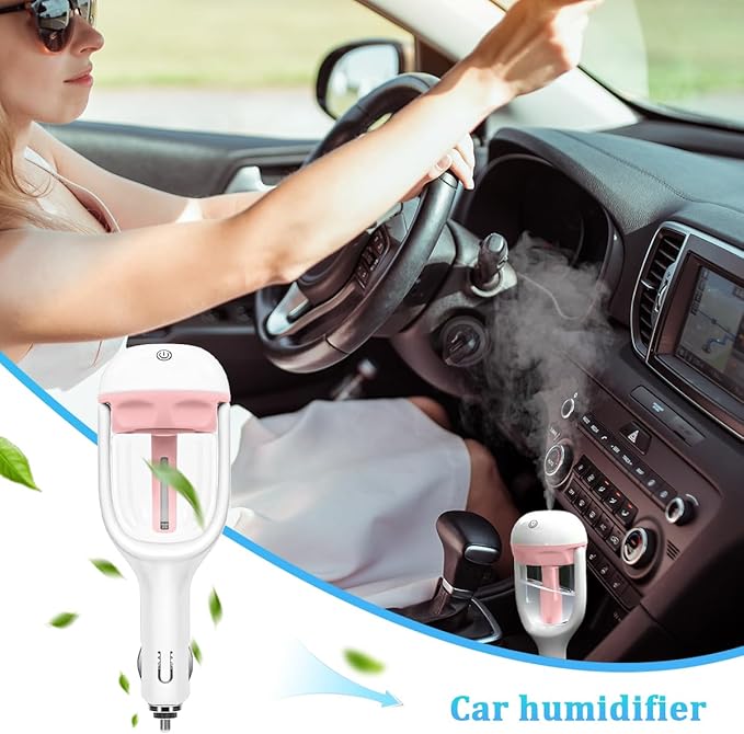 Car Mini Humidifier, Auto Shut-Off 180-Degree Rotation Small Vehicle Purifier Diffuser for Travel, Portable Plug-in Compact Automotive Air Humidifier, Universal for Most Vehicles (Pink)