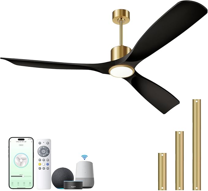60" Smart Ceiling Fan with Lights,Outdoor Ceiling Fan Work with Alexa/Gg/App/Remote,3-Color Light Dimmable 6-Speed Quiet Reversible for Patio Porch Bedroom,Black and Gold