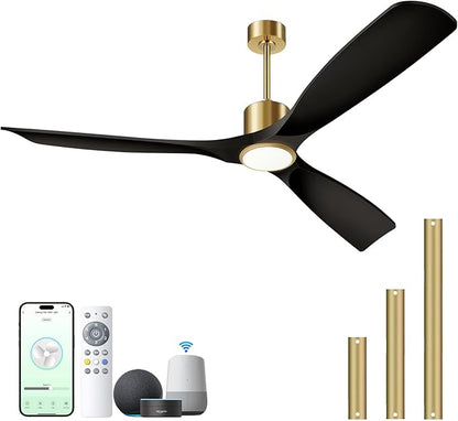 60" Smart Ceiling Fan with Lights,Outdoor Ceiling Fan Work with Alexa/Gg/App/Remote,3-Color Light Dimmable 6-Speed Quiet Reversible for Patio Porch Bedroom,Black and Gold