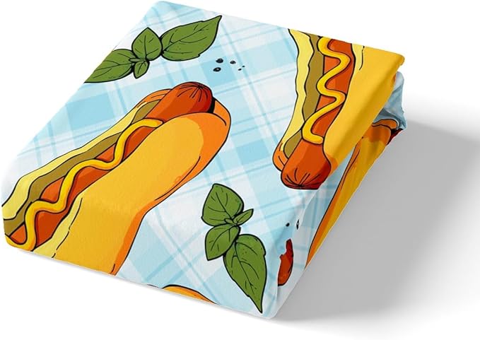 Manfei Fast Food Sheet Set Twin Size, American Cartoon Hot Dog Hamburg Bedding Set for Kids Boys Girls Room Decor, Blue White Plaid Bed Sheet Set 3pcs (Fitted Sheet, Flat Sheet, 1 Pillowcase)
