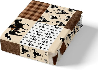 Western Cowboy Bed Cover(1 Fitted Sheet+1 Pillow Case),Rustic Cow Fur Bull Skull Horseshoe Arrow Bedding Set for Room Decor,American West Brown Plaids Patchwork Bed Sheet Set,3Pcs Full Size