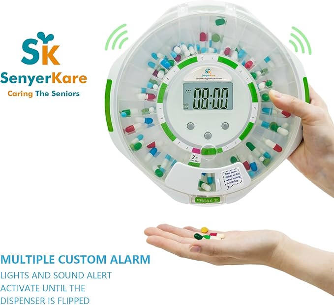 28-Day Bluetooth Automatic Pill Dispenser with Visual & Audio Alerts, 9 Dosage Templates, up to 9 Alarms/Day, Medication Organizer w/Lock Key for Vitamins, Prescriptions & More, Clear Lid