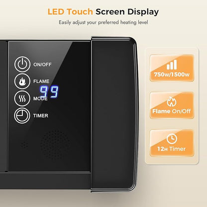 Baseboard Heater with Fireplace - 1500W Electric Fireplace Heater with Realistic 3D Flame Effect, Adjustable Thermostat Space Heater for Large Room, Office&Bedroom, Tip-Over&Overheat Protection