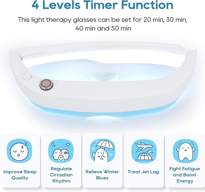 Light Therapy Glasses, Glasses Therapy Lamp Portable Daylight Lamp Natural Relief for Sleep Problems, Mood Disorders and Jet lag, Light Therapy Lamp Glasses Adjustable Brightness and Timer
