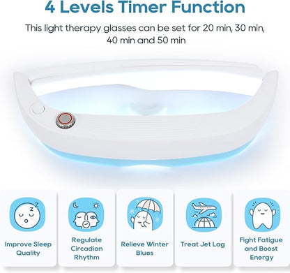 Light Therapy Glasses, Glasses Therapy Lamp Portable Daylight Lamp Natural Relief for Sleep Problems, Mood Disorders and Jet lag, Light Therapy Lamp Glasses Adjustable Brightness and Timer