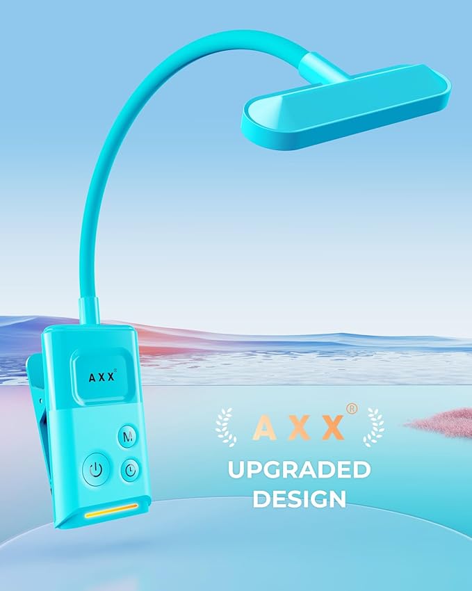 AXX Clip on Book Light for Bed, Rechargeable Reading Lamp for Kids, 1000mAh Battery Operated, 30/60 Minutes Timer, Lighting Accessories for Travel Car at Night - Misty Blue, 2 Pack