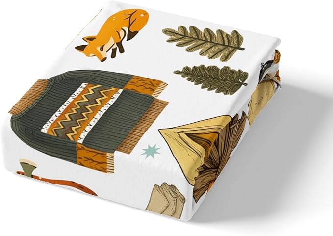 Happy Camping Kids Fitted Sheet Queen Size,Camper Equipment Tent Campfire Boots Bedding Set,Boys Girls Room Decor,Outdoor Adventure Time Bed Cover,Brown White Bed Sheet,2 Pillowcases(No Top Sheet)