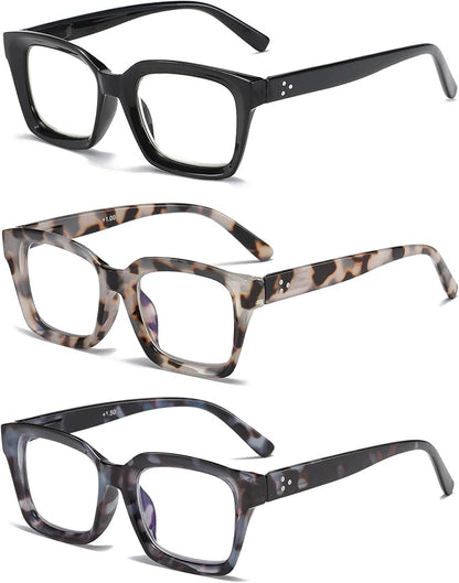 3 Pack Oversize Square Design Reading Glasses for Women, Blue Light Blocking Computer Reader (Black&Grey Leopard&Blue Leopard, 3.0)