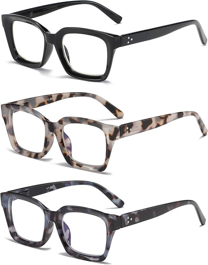 3 Pack Oversize Square Design Reading Glasses for Women, Blue Light Blocking Computer Reader (Black&Grey Leopard&Blue Leopard, 1.75)