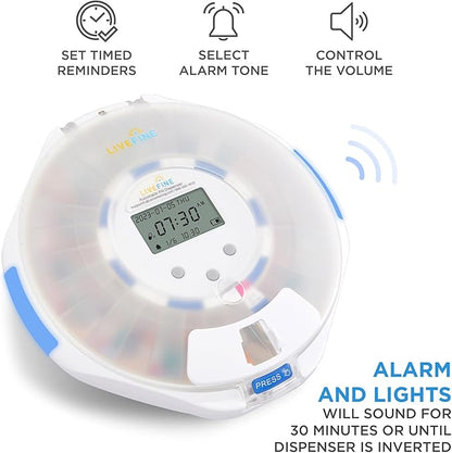 LiveFine Automatic Pill Dispenser with 28-Day Electronic Medication Organizer, 6 Dosage Rings, LCD Display with Sound & Light Alerts, Key & Magnifying Glass for Prescriptions, Vitamins & Supplements