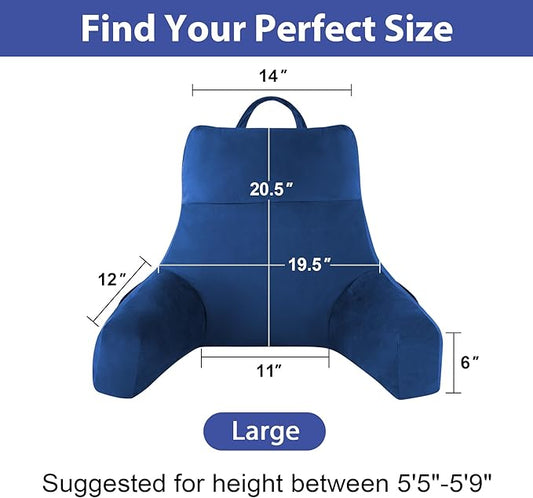 Reading Pillow with Arms for Adults, Back Pillow for Bed Sitting Up, Shredded Memory Foam Backrest Pillow with Pockets & Removable Washable Cover, Lounging, Watching TV, Reading(20inch Navy)