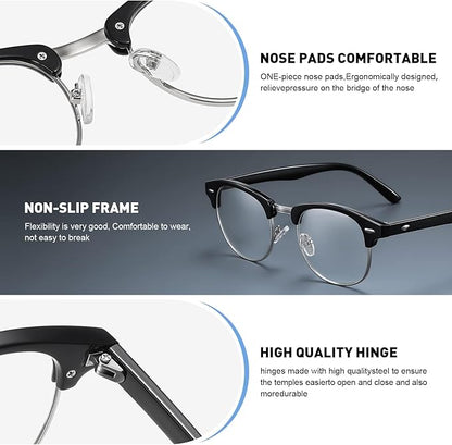 Blue Light Blocking Glasses Vintage Half Frame UV Clear Lens Anti Eyestrain Computer Gaming Glasses for Women Men (E-matte Black Silver+bright Black)