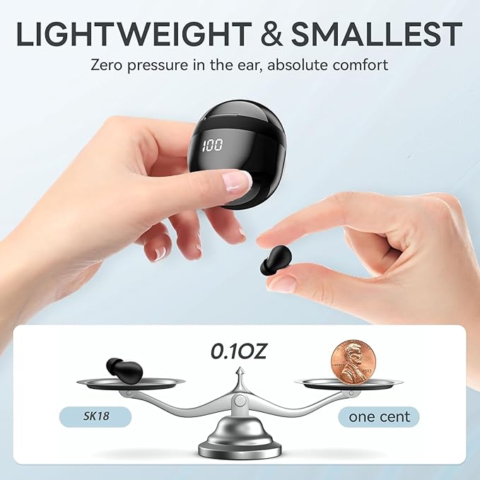 Mini Invisible Earbuds Wireless Bluetooth, Small Earbuds for Small Ears Canals, Tiny Discreet Sleep Headphones for Side Sleepers, Comfortable Noise Canceling Earphones for Work Gym, Black