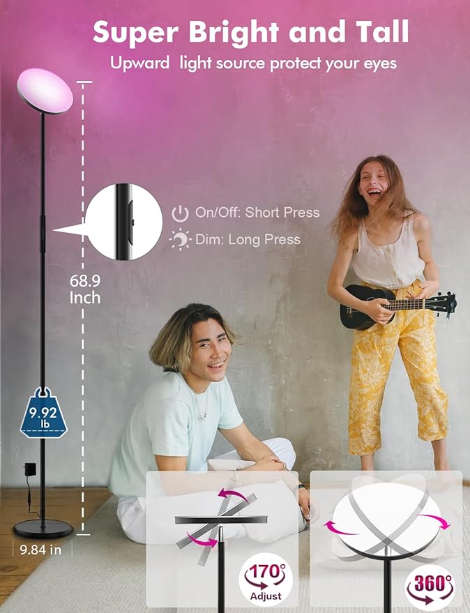 YHW Smart RGB LED Floor Lamp Works with Alexa Google Home, WiFi Remote Modern Tall Standing Light, Super Bright 2000LM Color Changing & Dimmable Sky Torchiere for Living Room, Bedroom (Black)