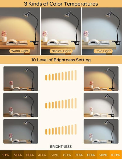 Clip on Light USB Reading Light 3 Color Modes 10 Brightness Levels Eye Care Clamp Light Flexible Gooseneck Dimmable Reading Lamp Clip on Lamp for Bed Headboard Desk Bedside Dorm (Black)