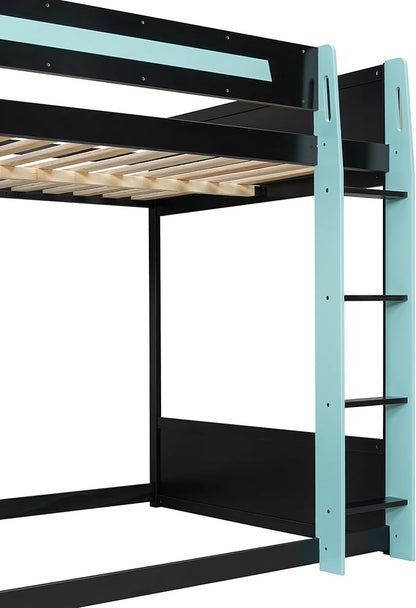 Full Size Gaming Loft Bed with Desk & Charging Ports & RGB Light Strip,Heavy-Duty Wood Bunk Bed Frame with Storage Shelves,Safety Guardrails & Ladder for PC & Console Gamers,Under-Bed Space,Cloud Blue