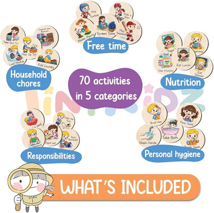 Wooden Chore Chart for Kids Visual Schedule, Routine Chart for Kids, Morning Bedtime Routine Chart for Toddlers Ages 2-4, Daily Kids Schedule Board for Home (04)