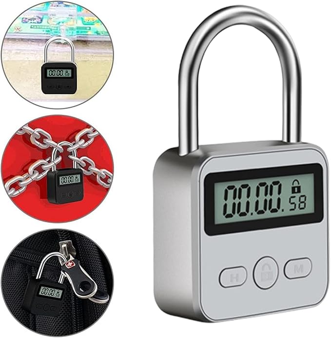 Combination Lock, Metal Timer Lock,Timers,USB Rechargeable Time Timer Padlock with 1m Spring Rope,99 Hours Max Timing Self-Discipline Anti-Addiction Timed Padlock（Silver