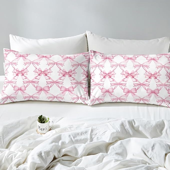Pink Bowknot Fitted Sheet Twin Size,Watercolor Bow-tie Princess Style Paint Bed Sheet with 1 Pillowcase,Dreamy Bow Crossed Grids Lines Pink White Soft Decorative Fabric Bedding,Room Gift