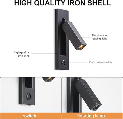 LED Wall Light Bedside Reading Light, with Button Portable Charging Port, Lift Down Control Switch,Hardwire Recessed Unplugged (Black)