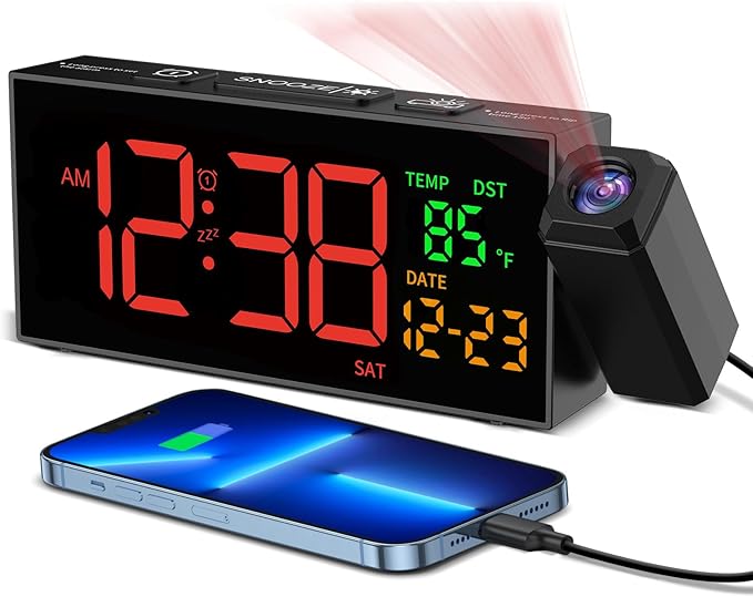 Netzu Projection Clock for Bedroom Ceiling, Alarm Clocks with 180° Rotatable Projector, Date Temperature and Weekday, Manual DST, 5 Brightness, 10 Ringtones, 4 Volumes and Snooze