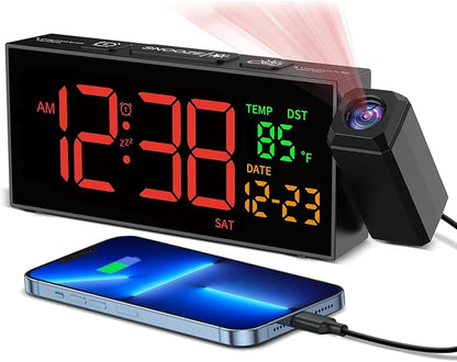 Netzu Projection Clock for Bedroom Ceiling, Alarm Clocks with 180° Rotatable Projector, Date Temperature and Weekday, Manual DST, 5 Brightness, 10 Ringtones, 4 Volumes and Snooze