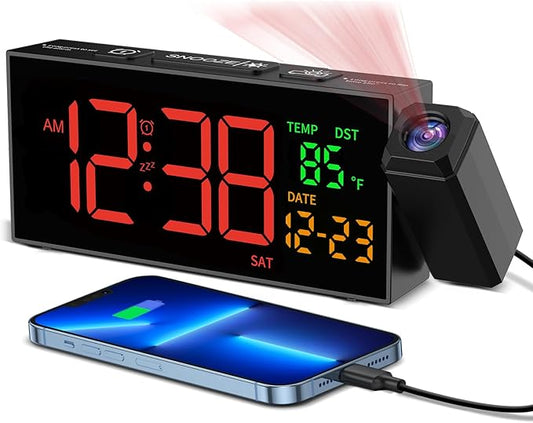 Netzu Projection Clock for Bedroom Ceiling, Alarm Clocks with 180° Rotatable Projector, Date Temperature and Weekday, Manual DST, 5 Brightness, 10 Ringtones, 4 Volumes and Snooze