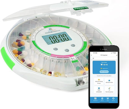 28-Day Bluetooth Automatic Pill Dispenser with Visual & Audio Alerts, 9 Dosage Templates, up to 9 Alarms/Day, Medication Organizer w/Lock Key for Vitamins, Prescriptions & More, Clear Lid