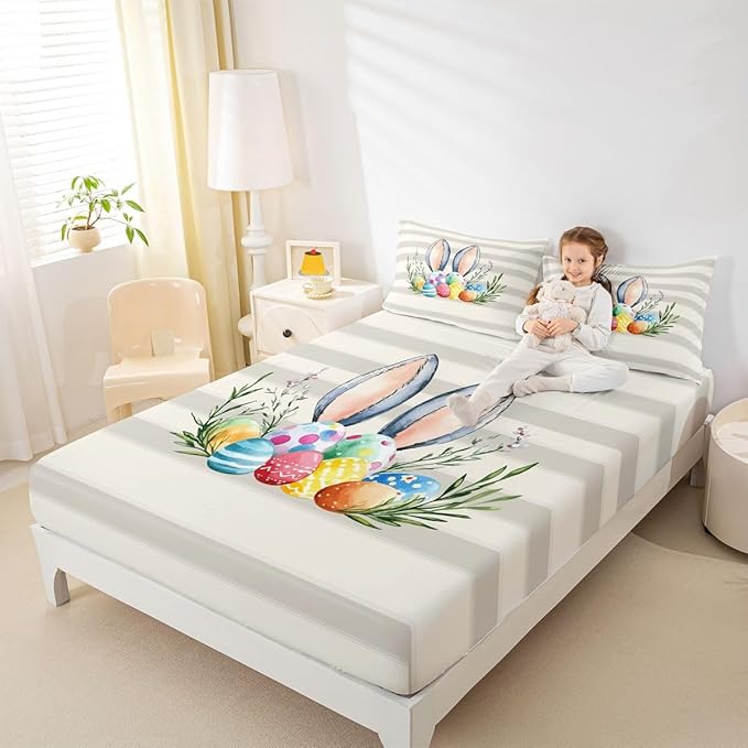 Happy Easter Bed Sheet Full Size Easter Egg Spring Holiday Bedding Set Flowers Cute Animal Fitted Sheet Kids Boys Girls Room Decor Beige Gray Soft Sheets with 2 Pillowcase,No Top Flat