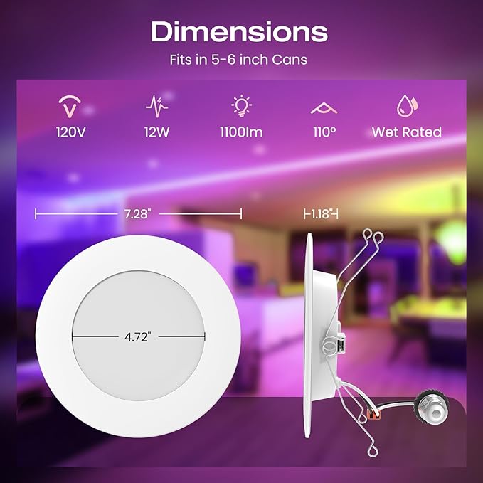 ALUSSO LIGHTING® Smart LED Recessed Lighting 5/6 Inch 6 Pack,Wi-Fi & Bluetooth Dual Control,Smart Can Lights RGB Color Changing Retrofit,Dimmable 1100LM Downllight Works with Alexa & Google Assistan