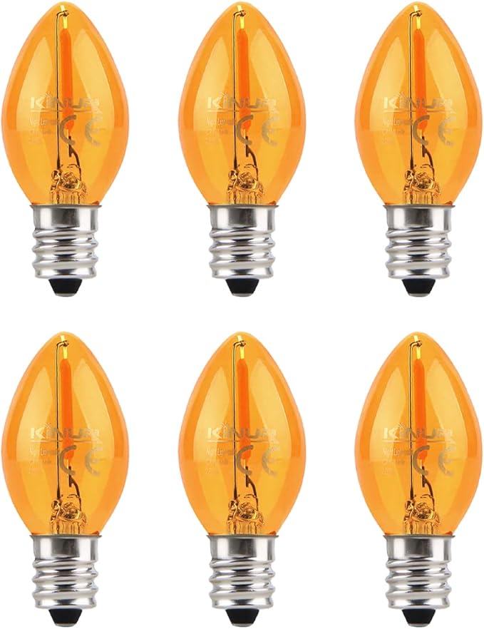 KINUR Night Light Bulbs, C7 LED Bulbs E12 Candelabra Base Amber 2200K, 1 Watt Equivalent 10W Incandescent Bulb, Salt Lamp and Window Candles & Chandeliers Replacement Bulb 6 Pack (6, Amber)