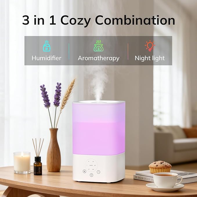 ZAFRO 3.2L Comfort Humidifier for Bedroom, Touch Panel with Timer, 7 Color LED Night Light, Top Fill Design & Three Mist Levels, Ultrasonic Cool Mist Humidifier with Auto Shut-off, White