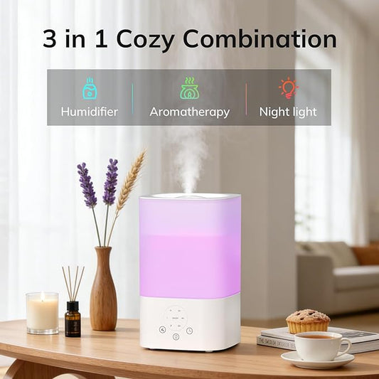 ZAFRO 3.2L Comfort Humidifier for Bedroom, Touch Panel with Timer, 7 Color LED Night Light, Top Fill Design & Three Mist Levels, Ultrasonic Cool Mist Humidifier with Auto Shut-off, White