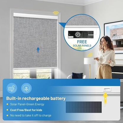 Motorized Blinds with Remote, [Free Solar Panels] Cordless Smart Blinds with Valance Cover, Rechargeable Blackout Electric Automatic Roller Shades for Windows Light Gray 32" W x 72" H