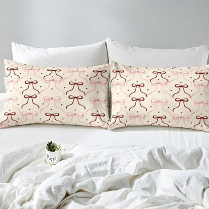 Bowknot Ribbon Fitted Sheet Set with 2 Pillowcase,Princess Red Pink Bow-tie Dreamy Girly Microfiber Mattress Cover,Cute Polka Dots Vintage Beige Bed Cover Queen Size