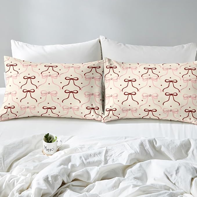 Bowknot Ribbon Bed Sheet Set Home Decor Princess Red Pink Bow-tie Dreamy Girly Sheet Sets Deep Pocket,Cute Polka Dots Vintage Beige Mattress Cover,Twin Size with 1 Pillowcase