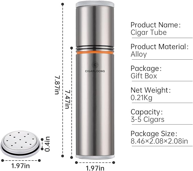 Travel Cigar Humidor Case/Box Stainless Steel Portable Cigar Tube Cigars Jar Humidifiers Air Tight Lid, Smell Proof with Cigar Hygrometer and Humidifier for 3 to 4 Cigars (Yellow)