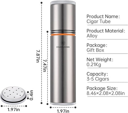 Travel Cigar Humidor Case/Box Stainless Steel Portable Cigar Tube Cigars Jar Humidifiers Air Tight Lid, Smell Proof with Cigar Hygrometer and Humidifier for 3 to 4 Cigars (Black)