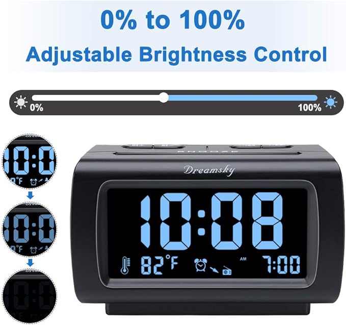 DreamSky Alarm Clock Radios for Bedrooms with Battery Backup, Large Big Numbers with Dimmer Wheel, USB Port, Bedside Digital FM Radio with Sleep Timer, Temperature, Adjustable Volume, Snooze