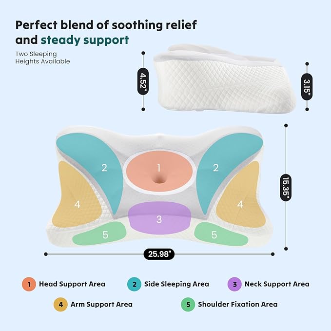 DUMOS Cervical Neck Pillow Set of 2, Cooling Memory Foam Contour Pillow with Arm Rest Slot and Ice Silk Pillowcase, Ergonomic Dual-Height Orthopedic Support for Side, Back, and Stomach Sleepers, Grey