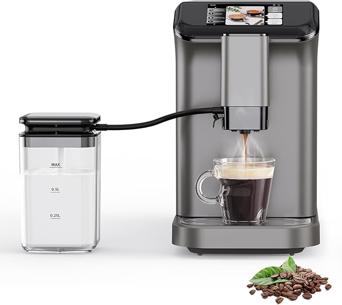 Espresso Maker with Milk Frother - Fully Automatic, 4-Beverage Options, Built-In Grinder, Intuitive Touch Display, and Sleek Finish Gold
