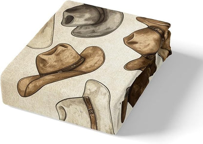 Cowboy Hats Bedding Set Full Size,Rustic Farmhouse Tribal Cowboy Fitted Sheet,Vintage Western Style Brown Beige Green Sheet Set for Kids Teens Bedroom(No Flat Sheet)