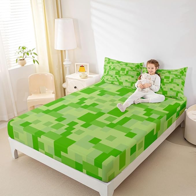 Pixelated Blocks Kids Twin Size Fitted Sheet,Video Games Abstract Gamepad Boys Girls Bed Sheets,Geometric Grid Patchwork Room Decor,Light Green Bedding Set,1 Pillowcase(No Flat)