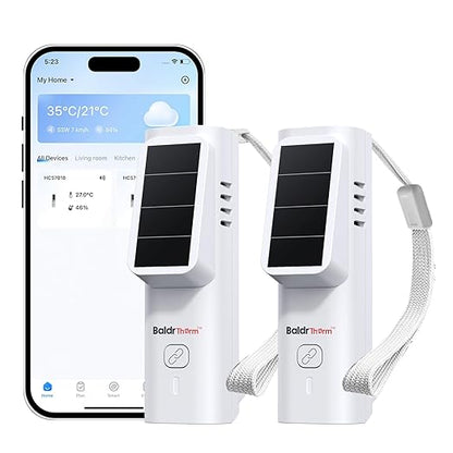 BaldrTherm Solar Bluetooth Temperature & Humidity Monitor, Wireless Thermometer with Date Storage, Real-Time Alerts, 262 Feet Connecting Range, Apply for Room Greenhouse, Pet Cages, 2pack